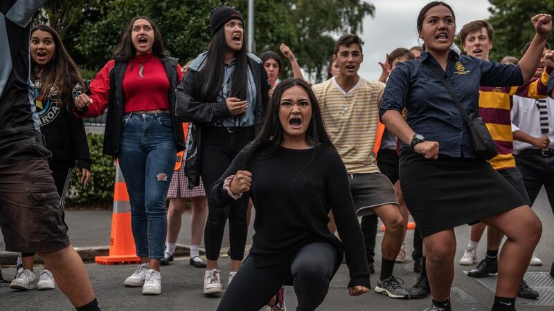 Students perform a haka during a  vigil in memory of the victims of the New Zealand mosque attacks, near al-Noor mosque in Christchurch. Photograph: Carl Court/Getty Images