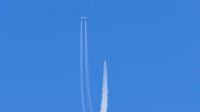 The Virgin Galactic spacecraft  flies above Spaceport America,   New Mexico, on the way to the cosmos.  Photograph: Patrick T Fallon/AFP