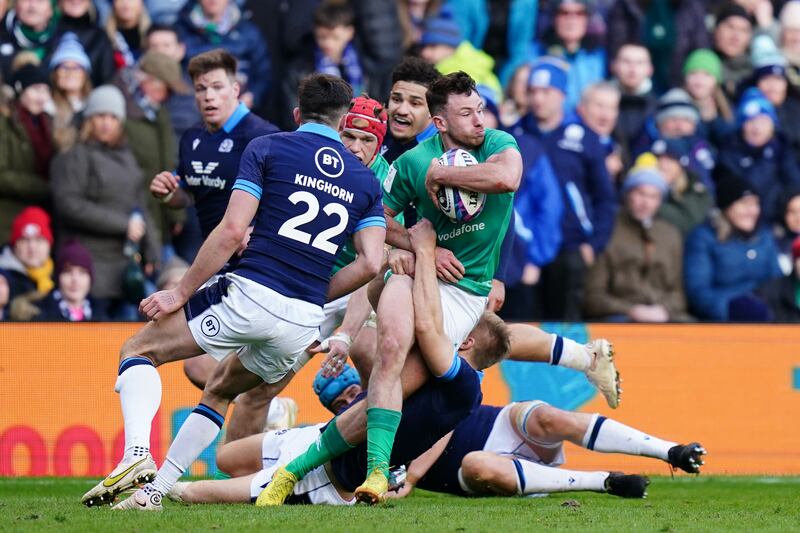 Scotland players scramble as Hugo Keenan embarks on another run at Murrayfield. Photograph: Jane Barlow/PA