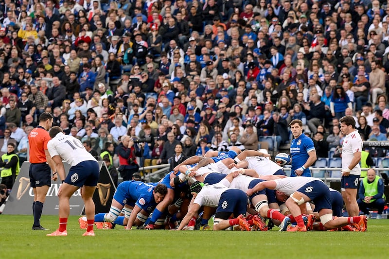 Italy’s Martin Page-Relo and France’s Antoine Dupont at the scrum at Stadio Olimpico, Rome. Photograph: Giuseppe Fama/Inpho