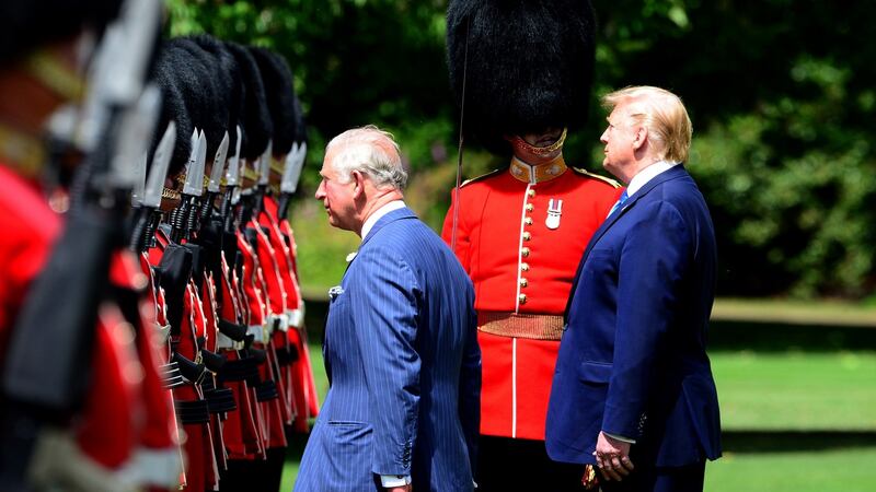 US president Donald J. Trump (R), Charles (L), The Prince of Wales and Captain of the Guard Major Hamish Hardy (C) inspecting the Guard of Honour of the British Army’s Household Division during the Ceremonial Welcome at Buckingham Palace. Photograph: Sgt Randall RLC/ British ministry of defence/ EPA