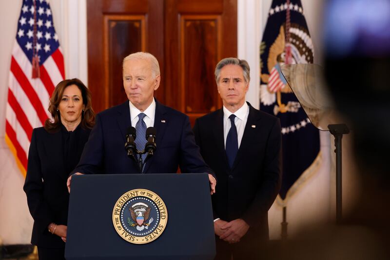 Former US president Joe Biden with former vice-president Kamala Harris and former secretary of state Antony Blinken. Photograph: Anna Moneymaker/Getty Images