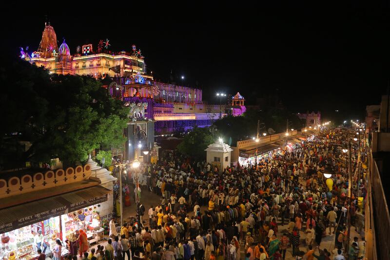 People gather to worship at the Shri Krishna Janmasthan temple on the eve of Janmashtami festival celebrations in Mathura on August 18th, 2022. Photograph: AFP via Getty Images