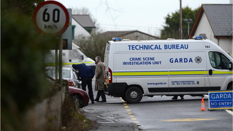 Gardaí at the scene following the shooting dead of Detective Garda Adrian Donohoe. Photograph: Dara Mac Dónaill