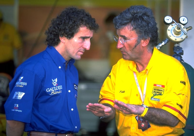 Eddie Jordan with four-time World Champion driver Alain Prost (left) in March 1997. Photograph: Inpho/Allsport