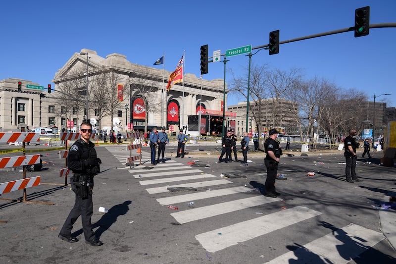 Police cordon off the area around Union Station after the shooting. Photograph: Reed Hoffmann/AP