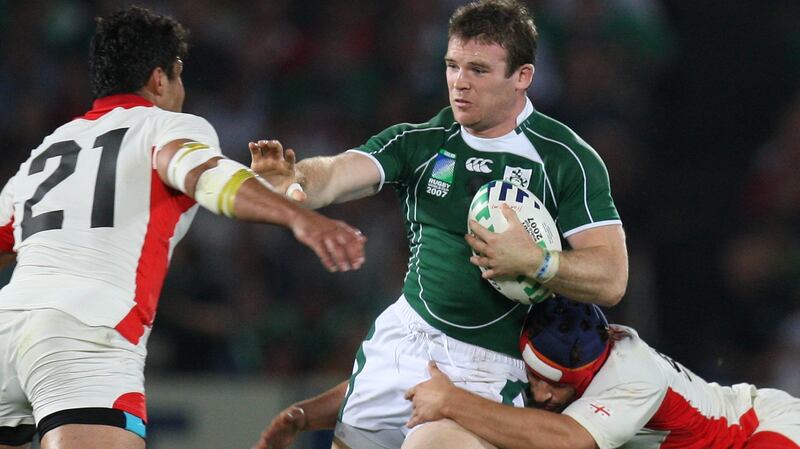 Gordon D’Arcy on the ball during Ireland’s Rugby World Cup win over Georgia. Photograph: Billy Stickland/Inpho