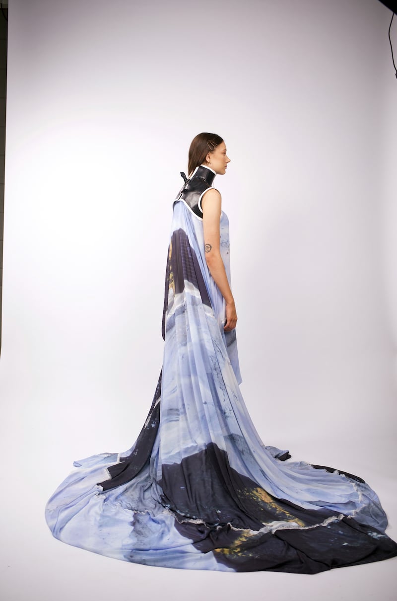 A printed chiffon gown from Caolum McCabe's first womenswear collection