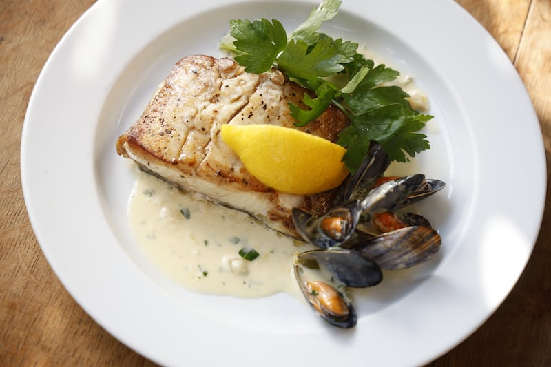 Pan-fried halibut with leek and mussel sauce