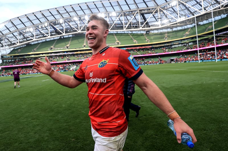 Munster outhalf Jack Crowley celebrates after the URC semi-final victory over Leinster at the Aviva Stadium. Photograph: Dan Sheridan/Inpho