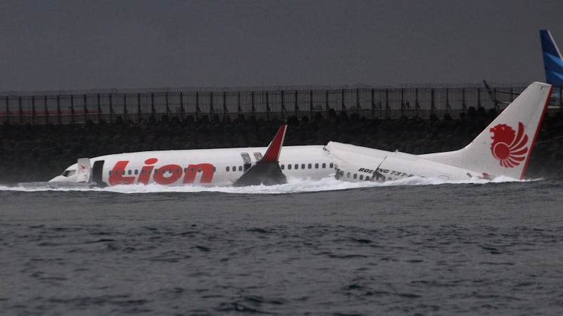 A Lion Air plane is seen in the water after it missed the runway in Denpasar, Bali. Photograph: Reuters/Stringer.