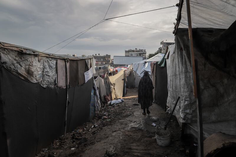 Temporary shelters for displaced Palestinians during winter weather in Deir al-Balah, central Gaza Strip. Photograph: Ahmad Salem/Bloomberg