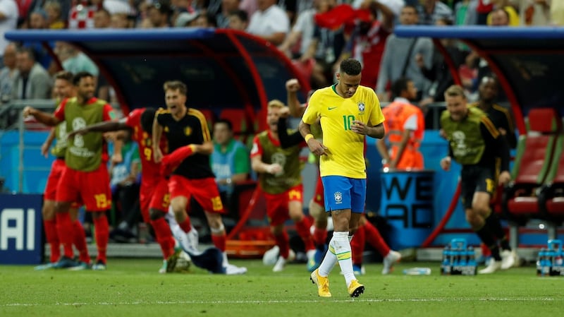 A dejected Neymar after Brazil’s 2-1 defeat to Belgium, which saw them crash out of the World Cup. Photograph: John Sibley/Reuters