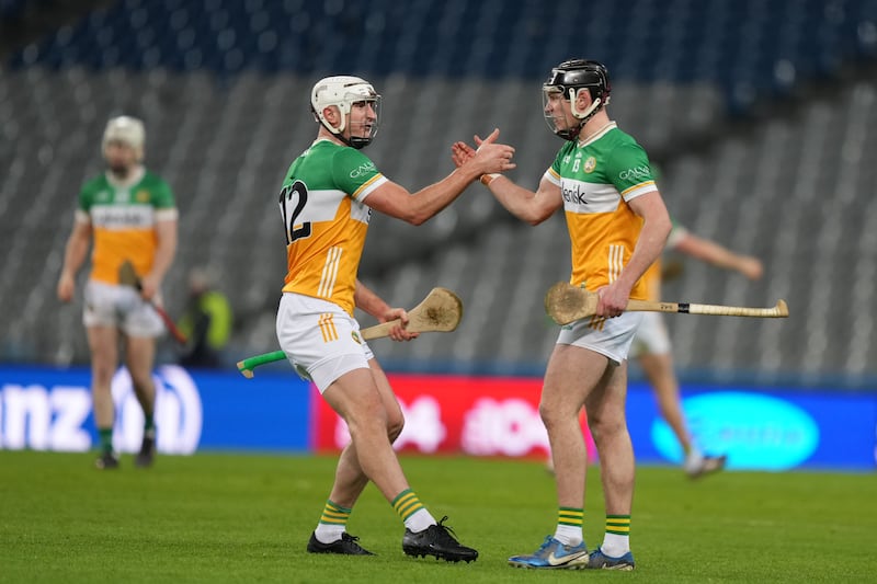 Oisin Kelly and Dan Ravenhill of Offaly celebrate their win over Dublin at Croke Park on February 22nd. Photograph: James Lawlor/Inpho