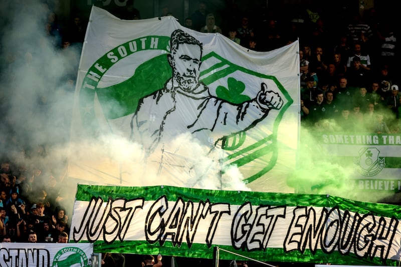 Shamrock Rovers fans set off flares and smoke bombs in the crowd during a game against Shelbourne with a banner featuring manager Stephen Bradley, SSE Airtricity League Premier Division, Tallaght Stadium, October 2024. Photograph: Ben Brady