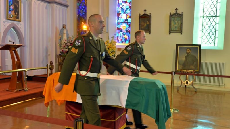 The remains of Comdt Thomas Kent lying in state at St Michael’s Garrison Church, Collins Barracks, Cork, ahead of his State funeral on Friday. Thomas Kent was one of the 16 men executed in 1916 following the Easter Rising. Photograph: Alan Betson