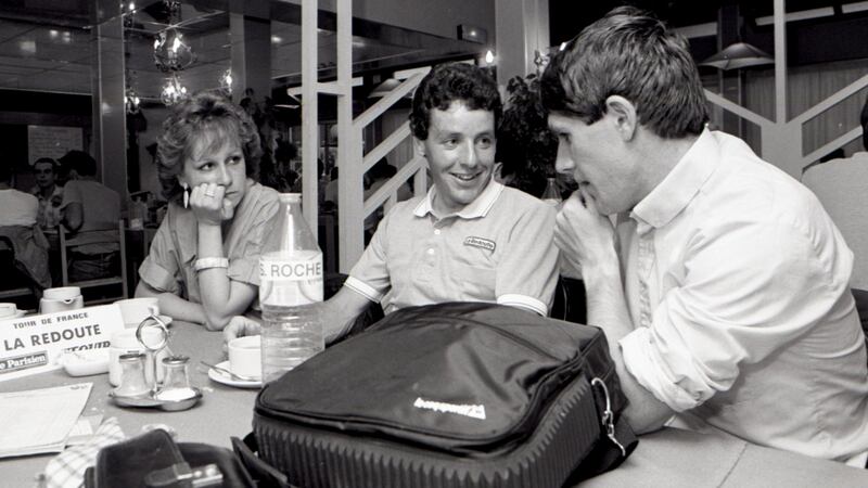 Paul Kimmage with Stephen Roche in 1985. The pair haven’t spoken in 20 years which Kimmage says “is kind of sad”. Photograph: Billy Stickland/Inpho