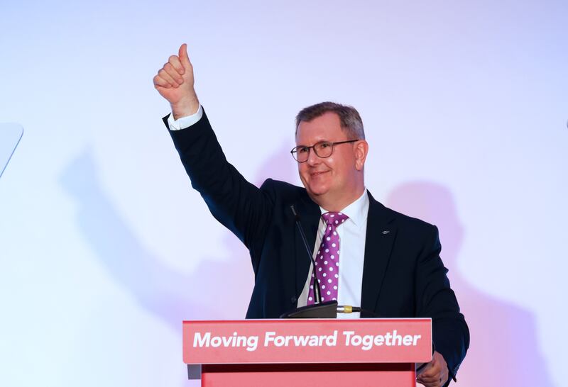 DUP party leader Sir Jeffrey Donaldson addresses delegates at their party conference at the Ramada Hotel in Belfast. Photograph; PA Wire