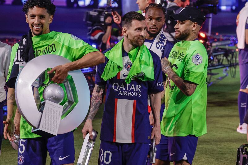 Paris Saint Germain's Lionel Messi after the French Ligue 1 trophy ceremony following the match between PSG and Clermont in Paris. Photograph: Shutterstock