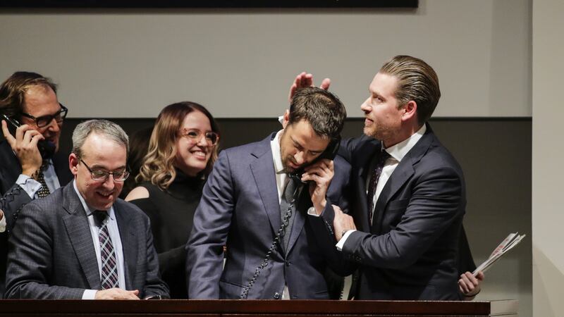 Agents celebrate after buying at auction  Leonardo da Vinci’s Salvator Mundi during the during the postwar and contemporary art evening sale at Christie’s New York on Wednesday. Photograph: Eduardo Munoz Alvarez/Getty Images