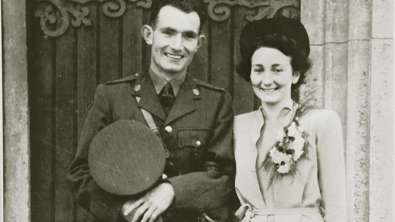 Ned and Eileen Cusac on the day of their marriage at St Patrick’s Church, Galway, on 15 June 1944.