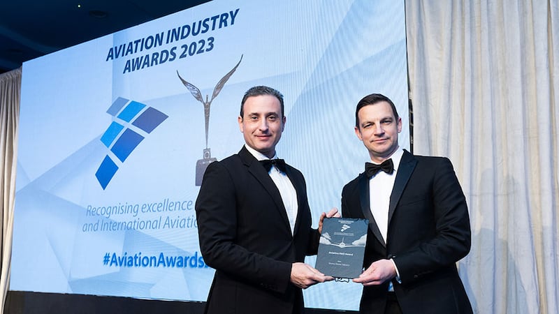 Dr Kyriakos Kourousis, awards judge, presents the aviation R&D award to Alan Hicks, Manna Drone Delivery