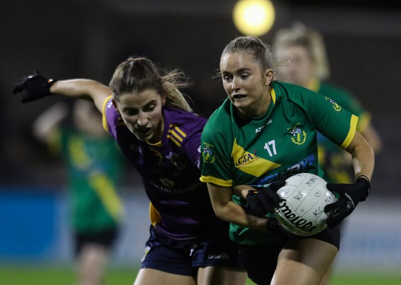 Kilmacud's Aoife Kane and Orlagh McGuigan of Thomas Davis in action during the Dublin final at Parnell Park. Photograph: Lorraine O'Sullivan/Inpho 