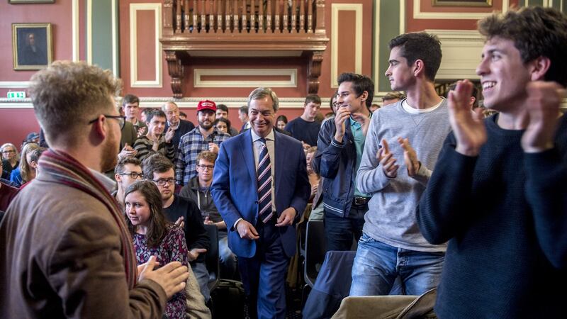 02/02/2018-NEWS-UKIP's Nigel Farage arriving at Trinity College Dublin to address the Historical society on Irish relations and the future of Europe.Photograph: Brenda Fitzsimons / THE IRISH TIMES