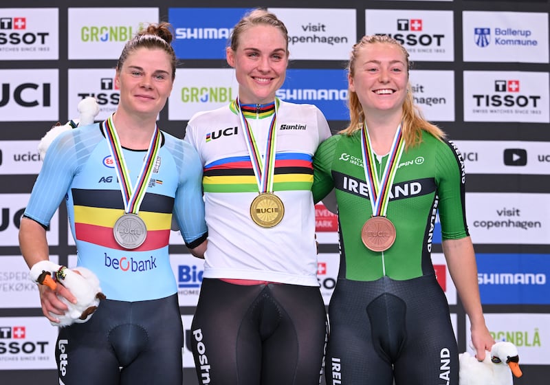 (L to R) Second placed Belgium's Lotte Kopecky, winner Denmark's Juluie Leth and third placed Ireland's Lara Gillespie pose. Photograph: Jonathan Nackstrand/AFP via Getty