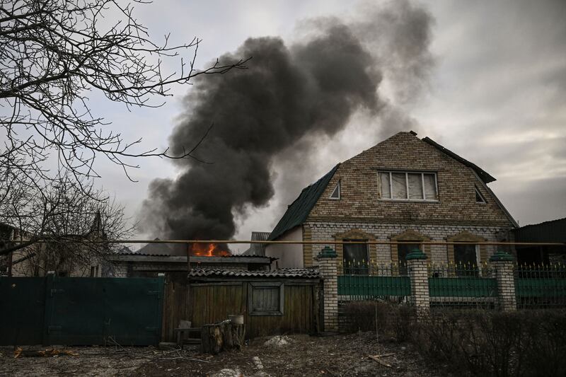 The annex of a home is set ablaze following shelling in the town of Chasiv Yar, eastern Ukraine on March 17th. Photograph: Aris Messinis/AFP via Getty