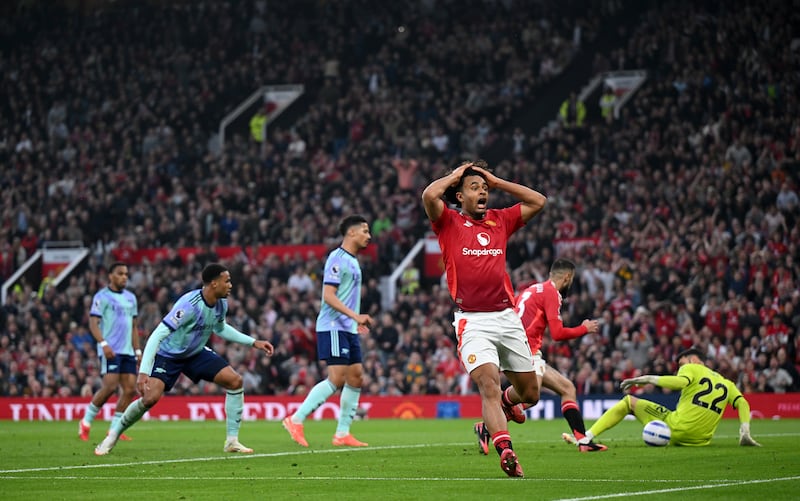 Manchester United's Joshua Zirkzee reacts after a missed chance against Arsenal. Photograph: Michael Regan/Getty Images