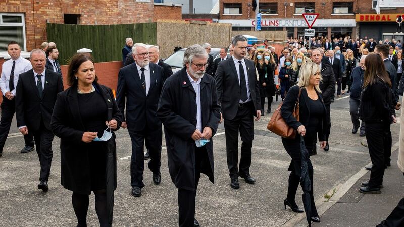 Sinn Féin leader Mary Lou McDonald, former Sinn Féin leader Gerry Adams and then deputy first minister of Northern Ireland Michelle O’Neill at the funeral of senior IRA figure Bobby Storey in June 2020. Photograph: Liam McBurney/PA Wire