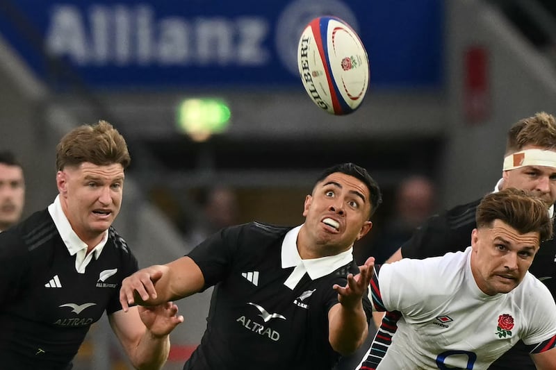 New Zealand's Anton Lienert-Brown keeps his eye on the ball during last weekend's Test at Twickenham.  Photograph: Getty Images