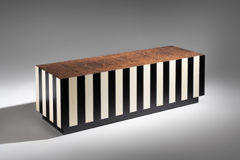 Antonio Bozic Ama coffee table, in stained black and white timber bands with a burl walnut top, inspired by the coat colour of his basenji dog of the same name