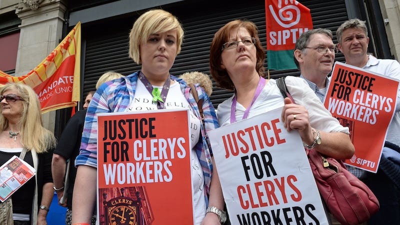 Former Clerys workers Emily McDermott (35-years’ service) and her daughter Nathania (seven-years’ service) at a demonstration outside the store just after it closed. Photograph: Eric Luke/The Irish Times