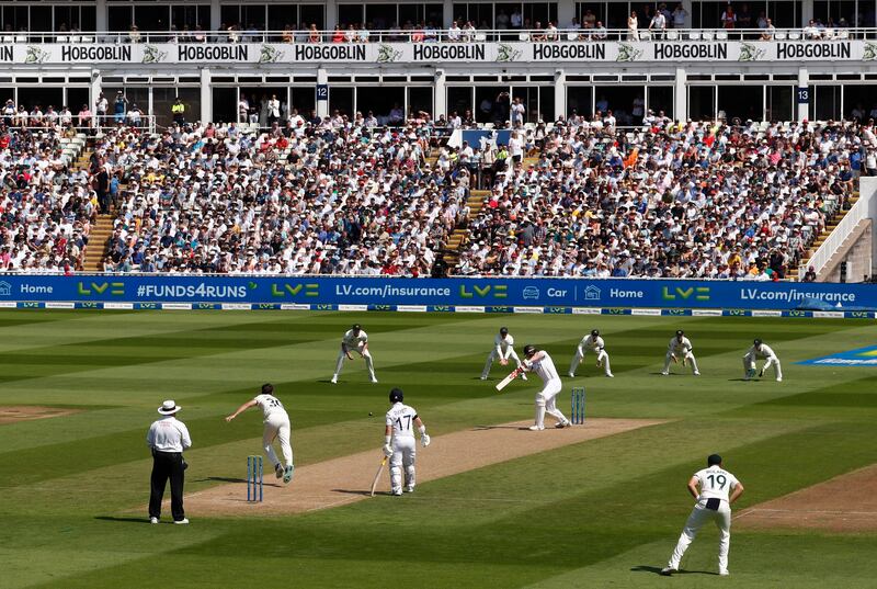 England opener Zak Crawley hits Pat Cummins of Australia for four runs off the first ball of the match. Photograph: Ryan Pierse/Getty Images