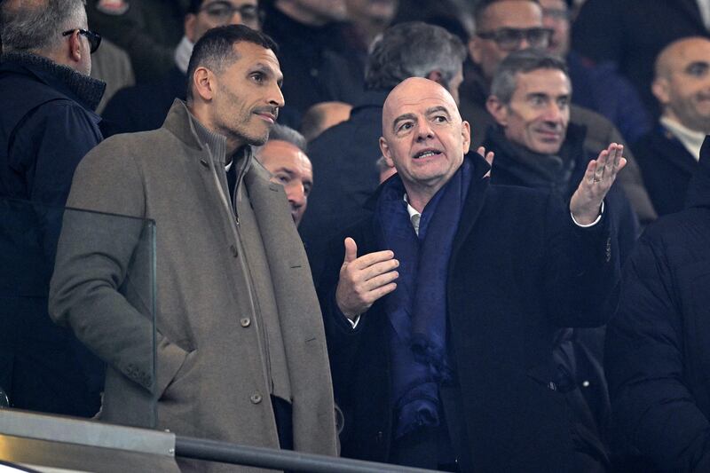 Fifa president Gianni Infantino (right) with Manchester City Emirati chairman Khaldoon al-Mubarak ahead of a Premier League match between Manchester City and Chelsea at the Etihad Stadium on January 25th, 2025. Photograph: Oli Scarff/AFP