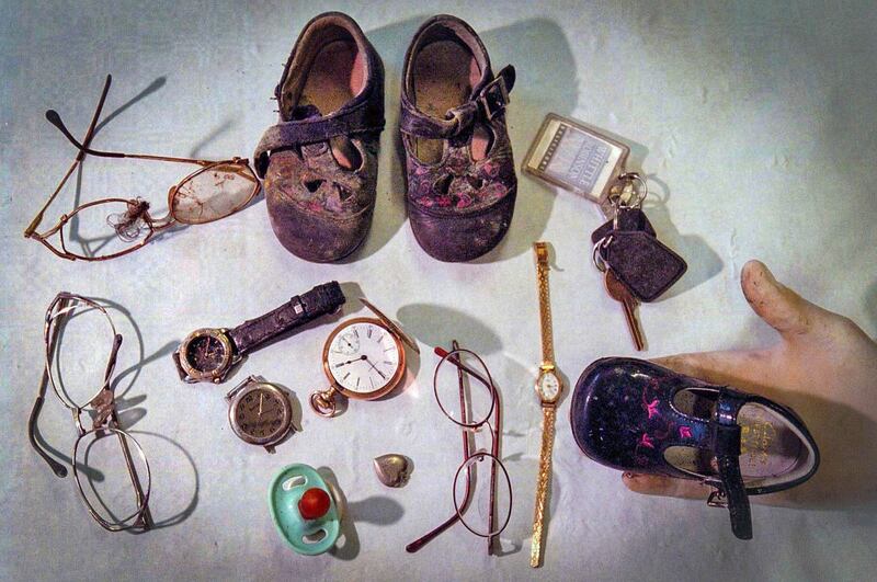 Photograph by Crispin Rodwell: Collection of personal effects recovered from the rubble of the Omagh bomb