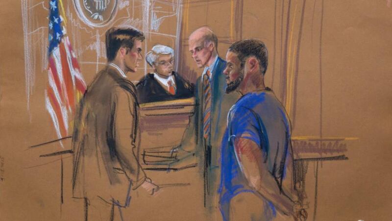 A court sketch showing (left-right) Samuel Nitze Assistant United States attorney at United States Attorney’s Office, Eastern District of New York, United States District Judge Nicholas Garaufis, defense attorney Michael Schneider and defendant Tairod Nathan Webster Pugh appearing in Brooklyn federal court in Brooklyn. Photograph: Marilyn Church/EPA