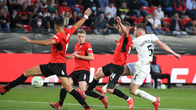 Pierre-Emile Hojbjerg scores Tottenham Hotspur’s  second goal during the  Europa Conference League match against Rennes at  Stade Rennes. Photograph: John Berry/Getty Images