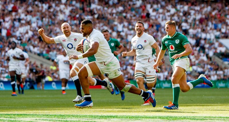 England's Joe Cokanasiga scores a try against Ireland at Twickenham in a pre-World Cup game in August 2019. Photograph: James Crombie/Inpho 