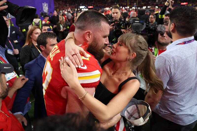 Kansas City Chiefs tight end Travis Kelce with Taylor Swift after defeating the San Francisco 49ers in Super Bowl LVIII last February. Photograph: Ezra Shaw/Getty Images