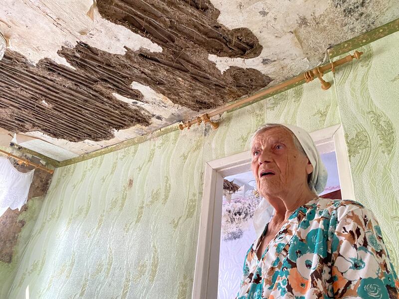 Nadia Kadnichanska (79) under her damaged roof. Photograph: Lara Marlowe