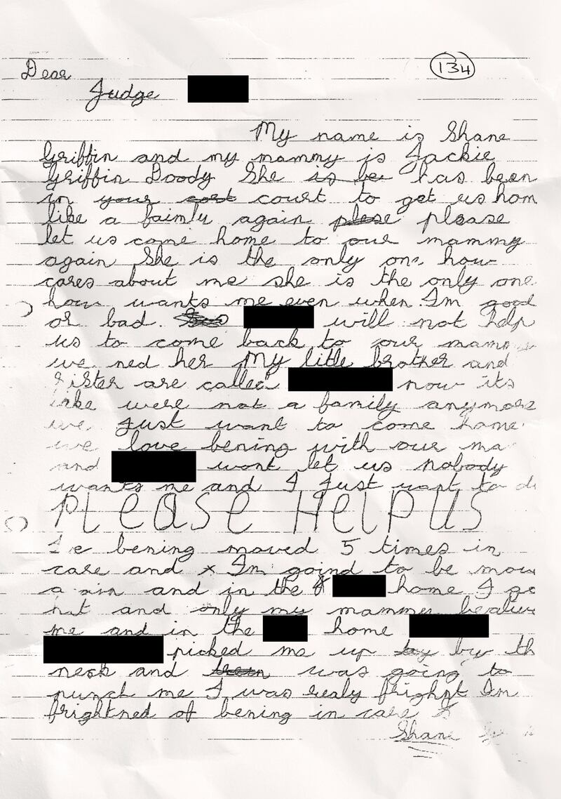 A letter Shane wrote as a child sent to a judge asking for help.