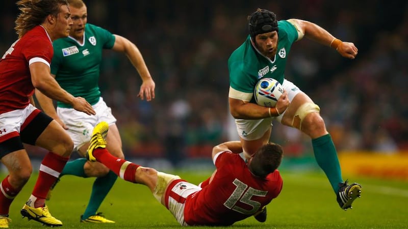 Sean O’Brien breaks through the tackle of Matt Evans. Photo: Laurence Griffiths/Getty Images