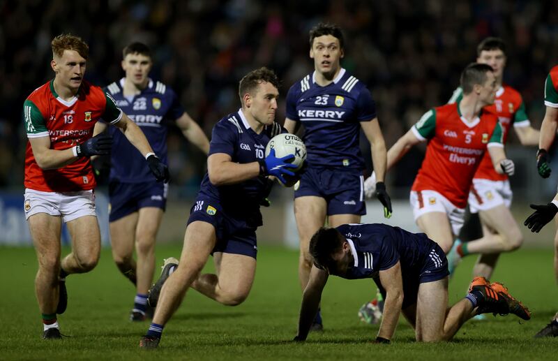 Kerry's Dara Moynihan on the attack against Mayo during the league clash at Hastings Insurance McHale Park in Castlebar. Photograph: James Crombie/Inpho 
