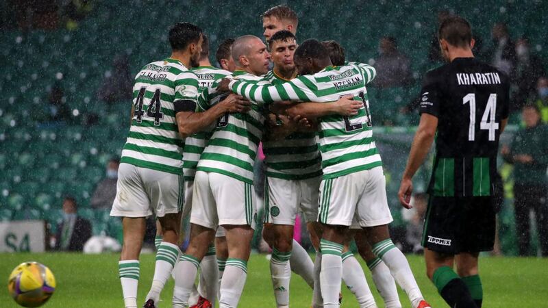 Celtic celebrate Ryan Christie’s second-half equaliser against Ferencvaros. Photograph: Andrew Milligan/PA