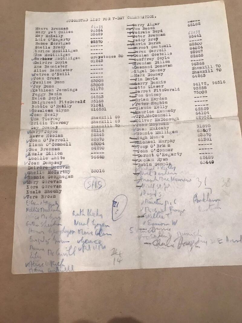 Mark FitzGerald has also released a note from his father’s papers which are in UCD listing all the people who would be available for a VE Day celebration.