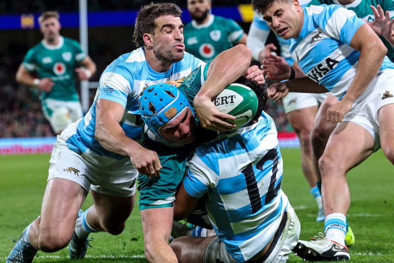 Ireland's Tadhg Beirne is tackled by Argentina's Juan Cruz Mallía and Matías Moroni at the Aviva Stadium in Dublin last Friday, Photograph: Billy Stickland/Inpho