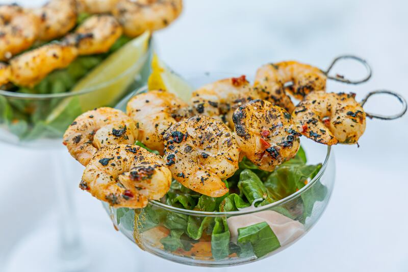 Marinated grilled prawns with Marie Rose sauce, pickled courgette and Baby Gem lettuce. Photograph: Harry Weir